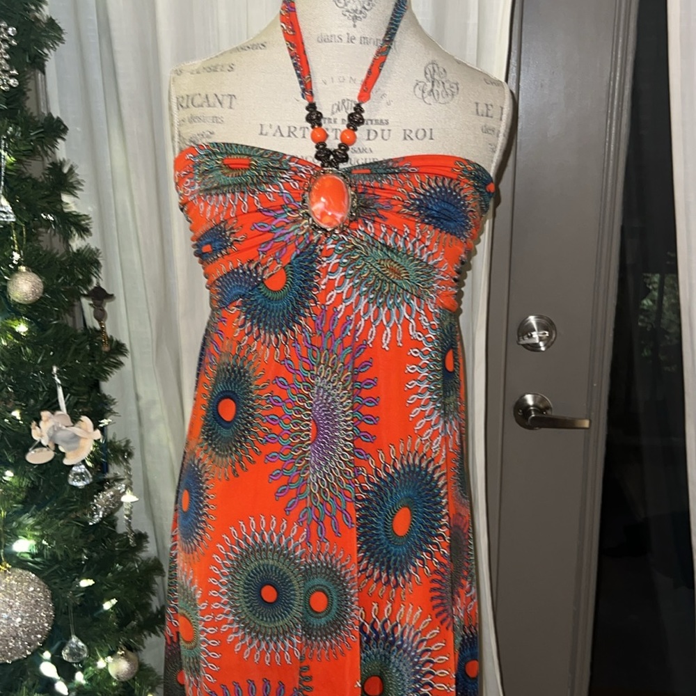 Orange colorful halter top beach summer vacation coverup dress Medium/Large - Picture 2 of 7